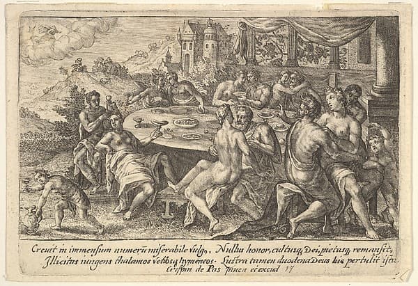 Mankind surrendering to lechery before the Flood: embracing couples on benches around a table with food and drink, from "Liber Genesis"