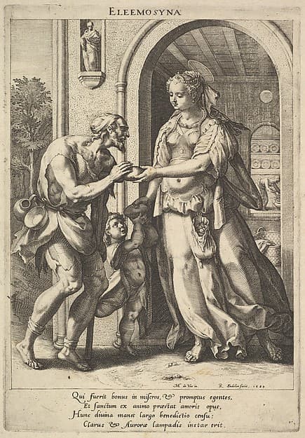 Alms-giving: a woman with pearl headdress and halo hands bread to two male beggars, one bearded and the other a child, a portal showing a maidservant in a domestic interior beyond, from the series 'Christian Virtues' after Maerten de Vos