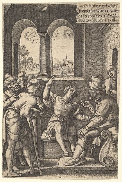 Joseph explains his dream to his brothers and father in an interior setting; the sun, moon, and stars above a landscape in the portal beyond, from the series 'The Story of Joseph'