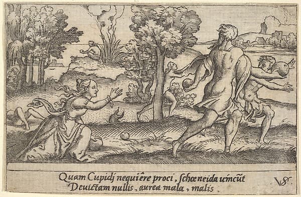 Atalanta and Hippomemes, in the foreground Atalanta kneeling to pick up an apple and Hippomemes running with an apple in either hand, in the landscape background Atalanta running, from a series of four mythological scenes