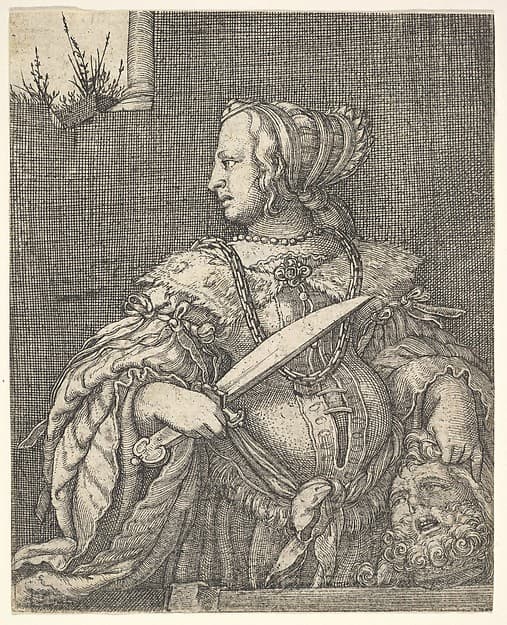 Judith, half-length and in profile to the left, a sword in her right hand and the head of Holofernes in her left hand, an open window at top left