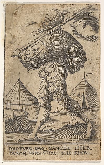 Halberdier walking left and carrying a halberd over his left shoulder, two tents beyond, from the series 'Twelve soldiers of different ranks'