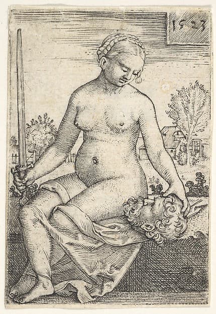 Judith, seated nude with a sword in her right hand, gazing down at the head of Holofernes in her left hand