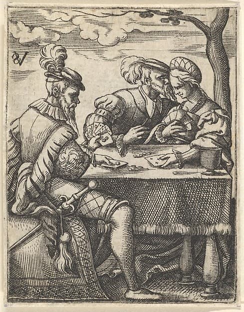 Two men and a woman playing cards at a table, one man pressing his nose toward the woman's forehead, from a series of ten scenes of musicians and couples dancing, drinking, playing music, and playing cards
