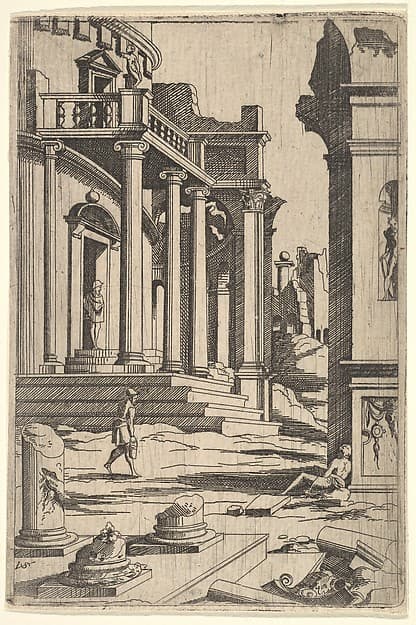 Classizing Landscape with Three Figures, from a series of architectural ruins with figures, in reverse after prints by Jacques Androuet Ducerceau after Léonard Thiry