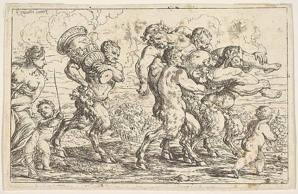 Three satyrs carrying the drunken Silenus, preceded by a putto carrying grapes; behind them a satyr carrying a large vessel, a putto, and a bare-breasted woman