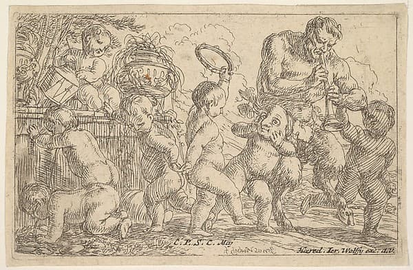 Satyr playing a pipe beside a putti holding a mask, surrounded by putti climbing over a low wall and dancing with musical instruments