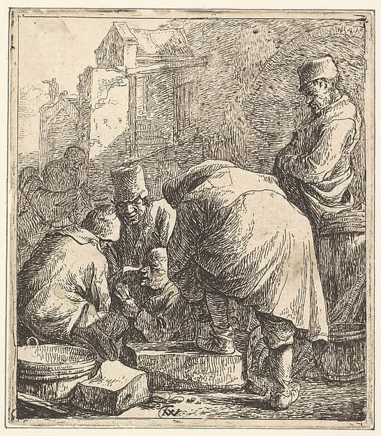 Man Adjusting His Footwear, at Left Three Men Playing Cards
