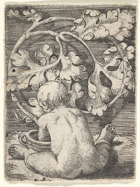 Naked Child Seen from Back Seated in Front of a Vessel