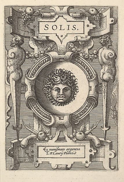 Bust of Sol surrounded by strapwork, from the series 'Deorum dearumque,' a set of images of deities after coins in the collection of Abraham Ortelius