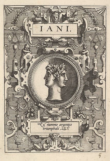 Bust of Janus surrounded by strapwork, from the series 'Deorum dearumque,' a set of images of deities after coins in the collection of Abraham Ortelius
