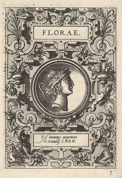 Bust of Florae surrounded by strapwork, from the series 'Deorum dearumque,' a set of images of deities after coins in the collection of Abraham Ortelius