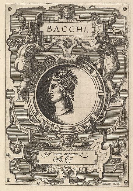 Bust of Bacchus surrounded by strapwork, from the series' Deorum dearumque,' a set of images of deities after coins in the collection of Abraham Ortelius