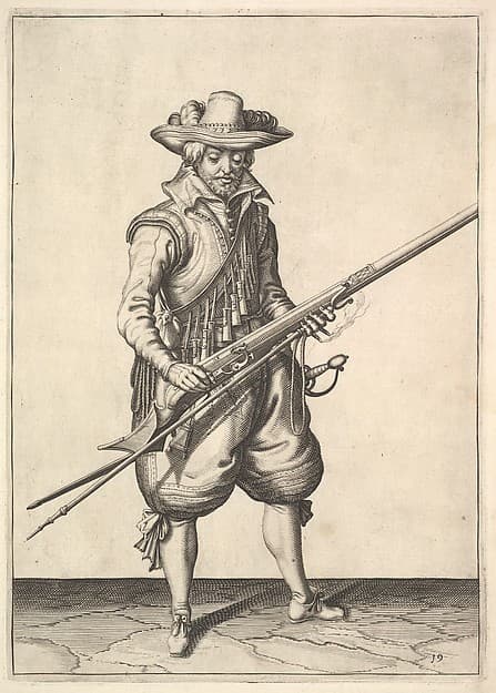 A soldier shaking the powder from the top of the pan, from the Musketeers series, plate 19, in Wapenhandelinghe van Roers Musquetten Ende Spiessen (The Exercise of Arms)