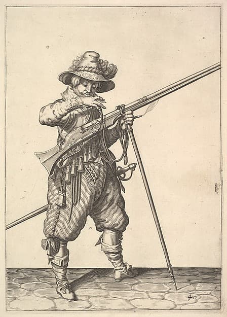 A soldier blowing on a match, from the Musketeers series, plate 40, in Wapenhandelinghe van Roers Musquetten Ende Spiessen (The Exercise of Arms)