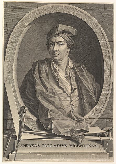 Portrait of Andrea Palladio in half-length within an oval frame; a compass, carpenter's square, and plumb line rest on the plinth below the oval, from an unidentified edition of 'Architecture de Palladio,' revised by Giacomo Leoni and translated by Nicholas du Bois
