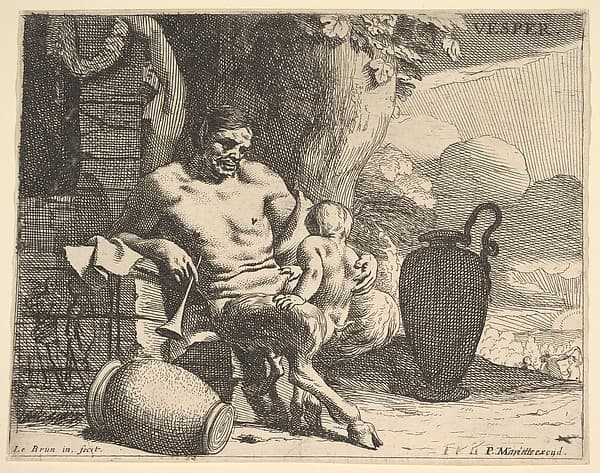 Evening: a seated satyr clasps his child, a figure hangs a garland on a pier beyond, from the series "Hours of the day"