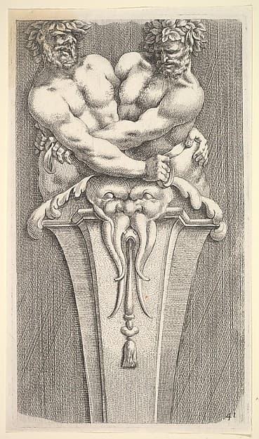Design for a Term with Two Bacchic Figures, from: Curieuses recherches de plusieurs beaus morceaus d'ornemens antiques et modernes (...)