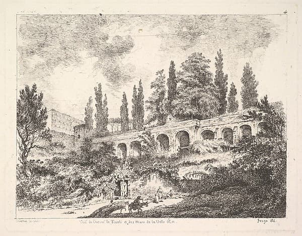 View of the entrance to Tivoli and the walls of the Villa d'Este, horsemen approaching the entrance at bottom center, arched entrance in the middleground, cyrus trees and other plants surrounding