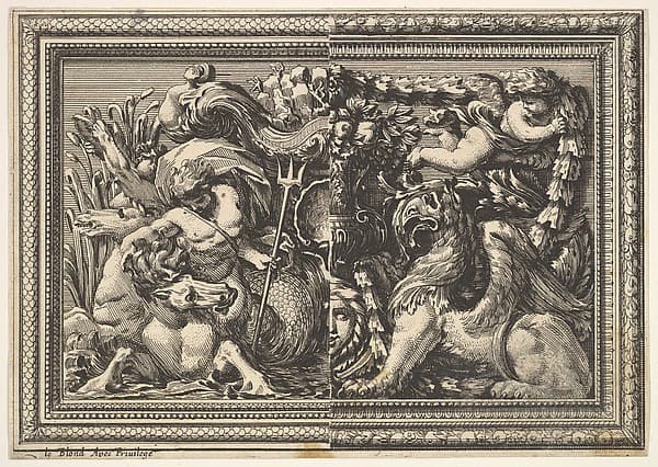 Design for a Panel with Two Variants containing a Hippocamp and a Griffin, from: Ornements de panneaux à la romaine