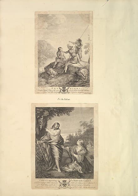 Leaf from Aedes Walpolianae mounted with two prints: (a): Three Soldiers; (b): Christ Appearing to Mary in the Garden