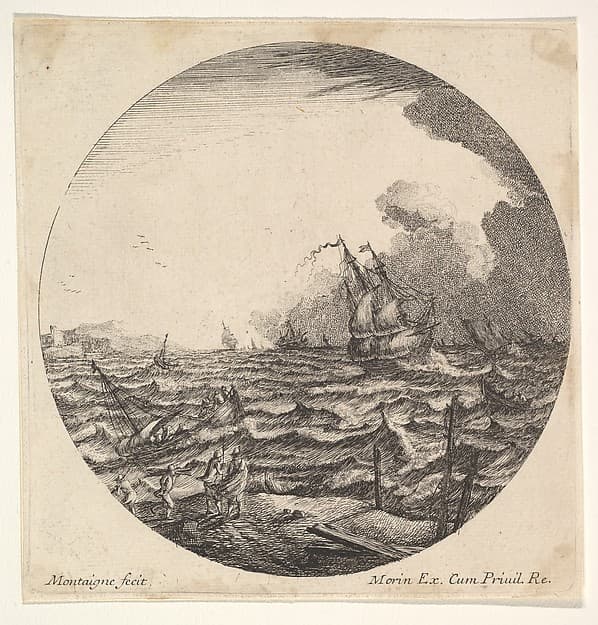 Tempest in a roundel composition, at left waves toss a small ship occupied by seven figures, ships and dark clouds beyond