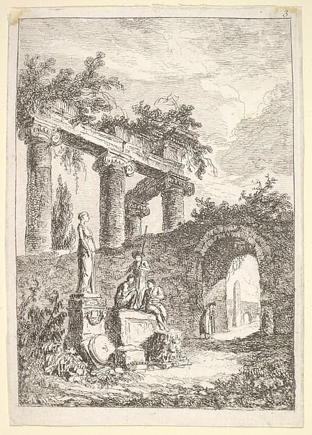 Plate 3: The Statue Before the Ruins: a statue to left next to three figures on a pedestal, a beggar standing in an archway to right, four columns and the remains of an entablature to top left, from "Les soirées de Rome"