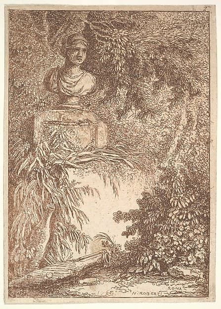 Plate 2: The Bust: a bust of a female wearing a diadem at top left, two amphoras at bottom left, surrounded by trees and greenery, from "Les soirées de Rome"