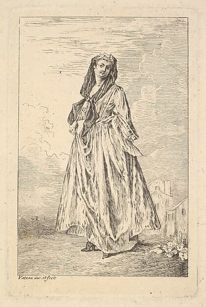 Woman walking and holding her skirt with her right hand, shown in three-quarters view with head turned toward the viewer, from "Figures of Fashion" (Figures de modes)