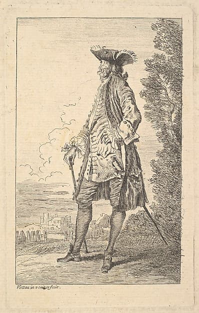 Man walking and carrying a cane in his right hand, shown in three-quarters view with his head turned away from the viewer, from "Figures of Fashion" (Figures de Modes)