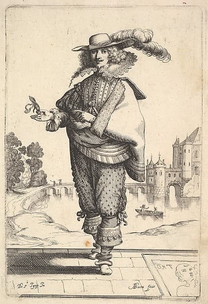 A gentleman standing in front of a large castle and wearing a plumed hat and a lace collar, the tomb with an engraving of the head of a woman on the ground to right, from "The Garden of the French Nobles In Which One Can Pick Up Their Way of Dressing"
