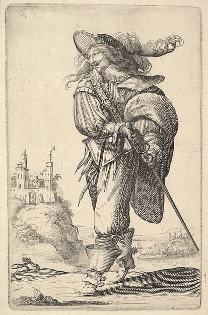 A gentleman, walking towards the left and drawing his sword from the sheath, wearing a plumed hat and boots with spurs, from "The Garden of the French Nobles In Which One Can Pick Up Their Way of Dressing"