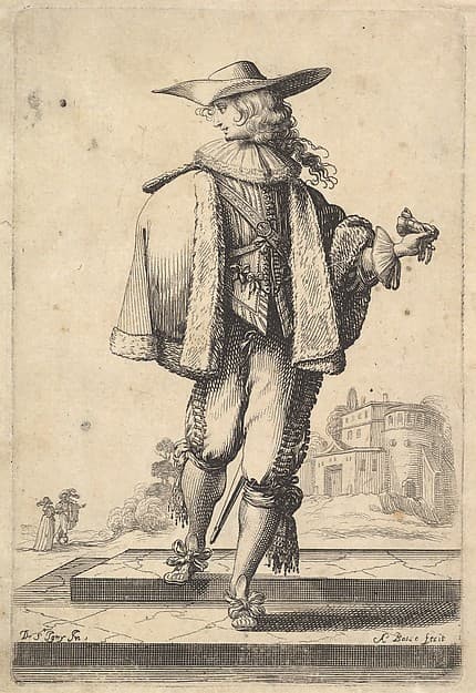 A gentleman walking forward, his face in profile to the left, holding his glove in his right hand and wearing a hat, a fur jacket, and shoes with ribbons, from "The Garden of the French Nobles In Which One Can Pick Up Their Way of Dressing"