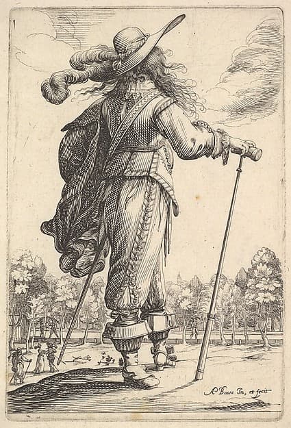 A gentleman, seen from behind, walking towards the right with a cane and wearing a plumed hat, from "The Garden of the French Nobles In Which One Can Pick Up Their Way of Dressing"