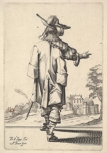 A gentleman, seen from behind, with his right arm outstretched and a cloak over his left shoulder, from "The Garden of the French Nobles In Which One Can Pick Up Their Way of Dressing"
