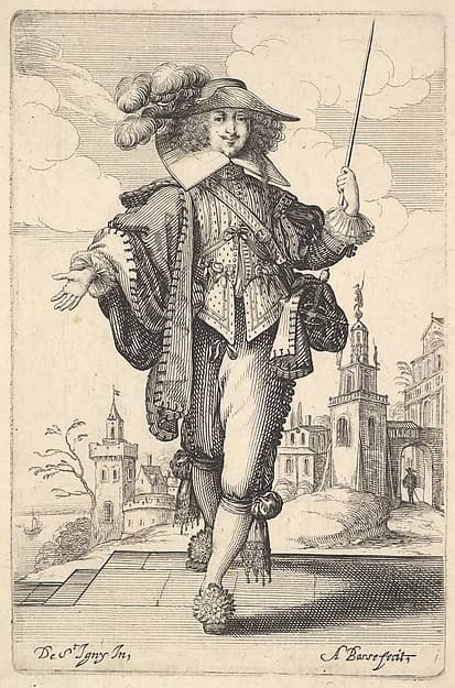 A gentleman walking forward, with his right arm outstretched and a whip in his left hand, wearing a plumed hat and decorated shoes, from "The Garden of the French Nobles In Which One Can Pick Up Their Way of Dressing"