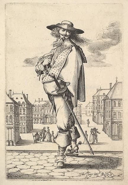 A gentleman, turned three-quarters to the left, wearing a hat and boots with spurs, carrying a sword in his belt, a town square in the background, from "The Garden of the French Nobles In Which One Can Pick Up Their Way of Dressing"