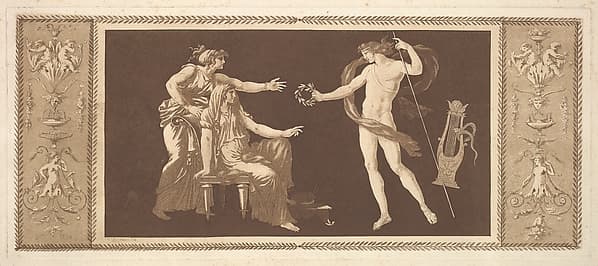 Apollon couronnant les arts (Apollo Crowining the Arts), from Recueil de Différentes Compositions Frises et Ornements dessinées et gravées à la manière du lavis par La Grenée le Juene Se trouve chez l'Auteur, au Louvre et chez Basan, rue et Hôtel Serpente A Paris, in an album containing Recueil de Compositions par Lagrenée Le Jeune (Collection of Compositions by Lagrenée the Younger)