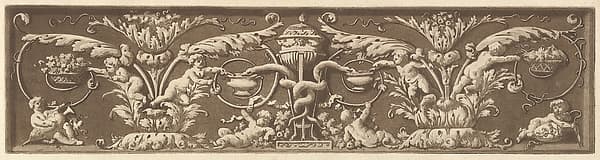 Ornamental frieze with putti and intertwined snakes, from Recueil de Différentes Compositions Frises et Ornements dessinées et gravées à la manière du lavis par La Grenée le Juene Se trouve chez l'Auteur, au Louvre et chez Basan, rue et Hôtel Serpente A Paris, in an album containing Recueil de Compositions par Lagrenée Le Jeune (Collection of Compositions by Lagrenée the Younger)