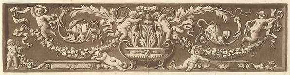 Ornamental frieze with putti, acanthus leaves, and garlands of fruit, from Recueil de Différentes Compositions Frises et Ornements dessinées et gravées à la manière du lavis par La Grenée le Juene Se trouve chez l'Auteur, au Louvre et chez Basan, rue et Hôtel Serpente A Paris, in an album containing Recueil de Compositions par Lagrenée Le Jeune (Collection of Compositions by Lagrenée the Younger)