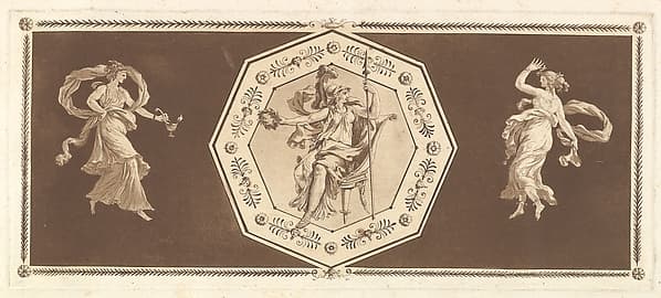 Minerve assisse dans un octagone décoratif, avec une figure à gauche et à doroite (la Nuit et le Jour?) (Minerva seated within an octagonal border, wth a figure at the right and at the left (Night and Day?), from Recueil de Différentes Compositions Frises et Ornements dessinées et gravées à la manière du lavis par La Grenée le Juene Se trouve chez l'Auteur, au Louvre et chez Basan, rue et Hôtel Serpente A Paris, in an album containing Recueil de Compositions par Lagrenée Le Jeune (Collection of Compositions by Lagrenée the Younger)