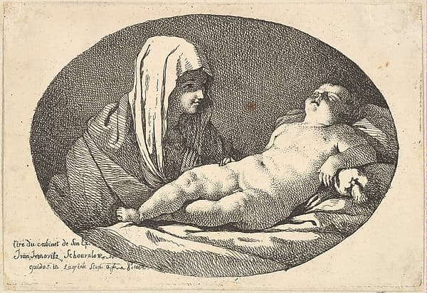 The Virgin at left watching the infant Christ as he sleeps, an oval composition, after Reni
