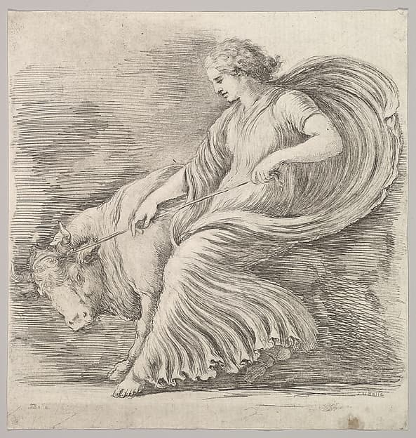 A woman in profile pulling back on a rope tied around the horns of a young bull