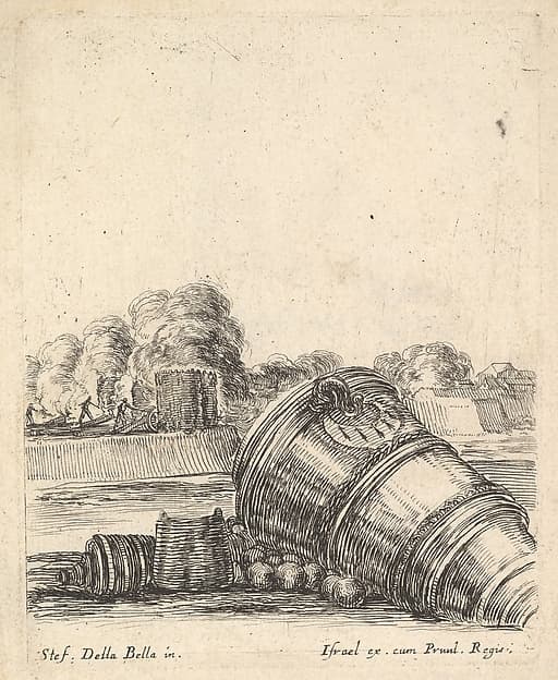 A mortar without a carriage lying on the ground to the right, soldiers firing cannons creating clouds of smoke in the background, from 'Equipment needed for Fortification' (Recueil de diverses pièces très nécessaires à la fortification)