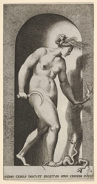 Plate 14: Ceres in a niche, facing right, standing over a two-headed snake and holding a half-moon sickle in her right hand and a torch in her left hand, from "Mythological Gods and Goddesses"