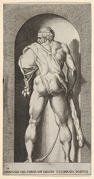 Plate 15: Hercules standing in a niche, wearing a lion skin and holding a club, viewed from behind, with his head turned to the left, from "Mythological Gods and Goddesses"