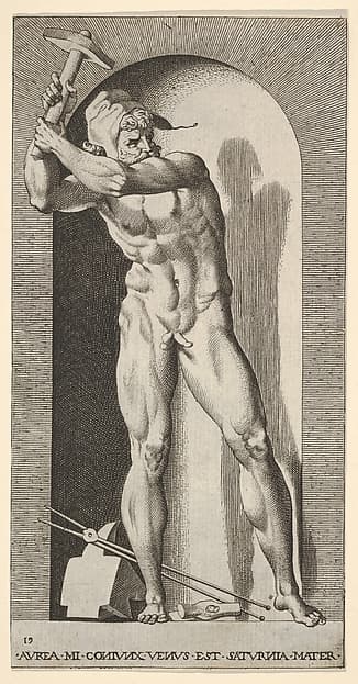 Plate 19: Vulcan standing in a niche swinging a hammer, with an anvil, hammer, and tongs at his feet, from "Mythological Gods and Goddesses"