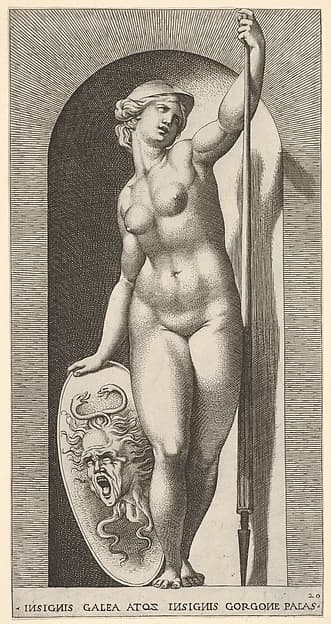 Plate 20: Pallas Athena holding a shield with Medusa's head in her right hand and a lance in her left hand, from "Mythological Gods and Goddesses"