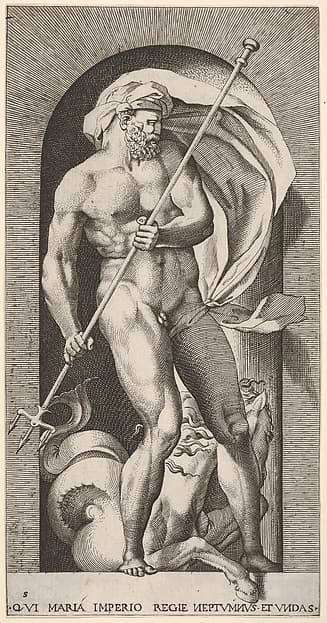 Plate 5: Neptune standing in a niche holding a trident, with a hippocampus (sea-horse) behind him, from a series of gods and goddesses