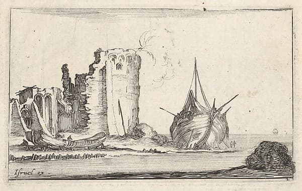 Plate 2: a ship at right and a rowboat at left, washed up on shore, a tower in ruins behind to left, from 'Caprice faict par de la Bella'